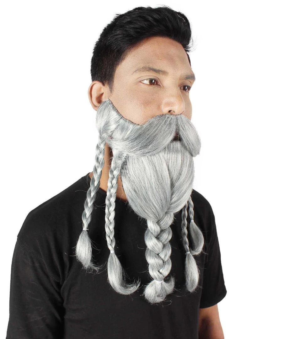 HPO Adult Men's Ash Grey Braided Vikings Beard And Giant Mustache
