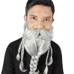 HPO Adult Men's Ash Grey Braided Vikings Beard And Giant Mustache