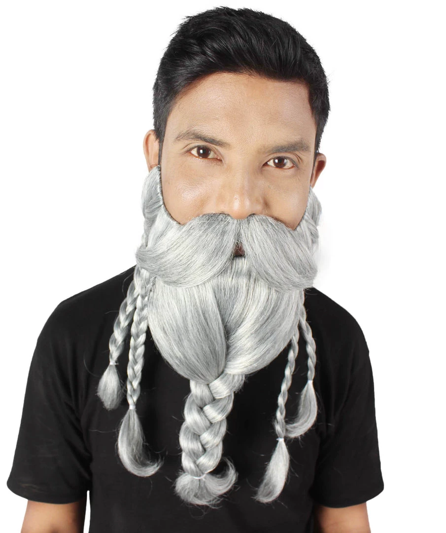 HPO Adult Men's Ash Grey Braided Vikings Beard And Giant Mustache