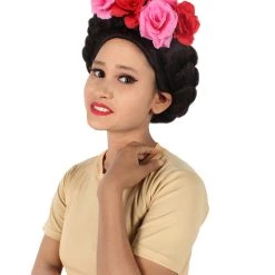 HPO Adult Women’s Mexican Artist Frida Black / Pink Floral Braided Wig