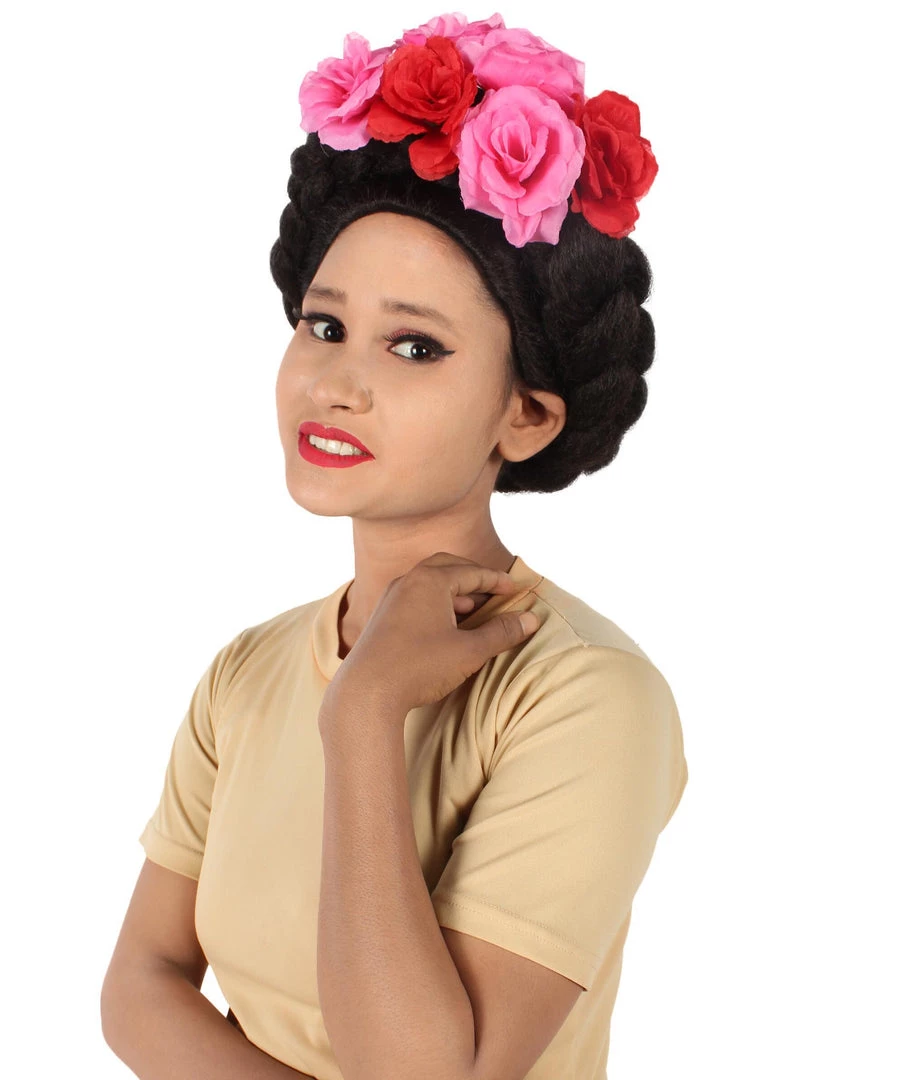 HPO Adult Women’s Mexican Artist Frida Black / Pink Floral Braided Wig