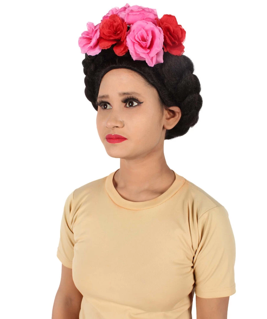 HPO Adult Women’s Mexican Artist Frida Black / Pink Floral Braided Wig