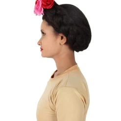 HPO Adult Women’s Mexican Artist Frida Black / Pink Floral Braided Wig