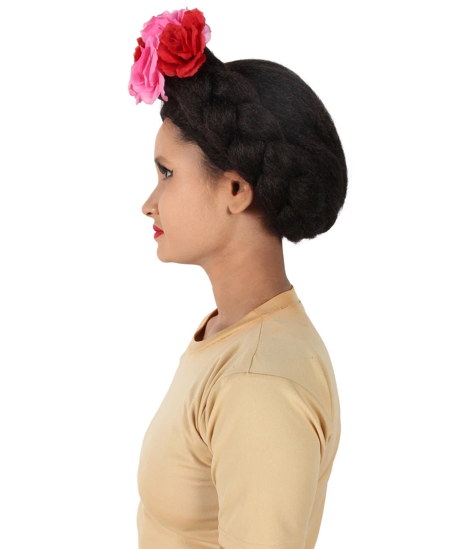 HPO Adult Women’s Mexican Artist Frida Black / Pink Floral Braided Wig