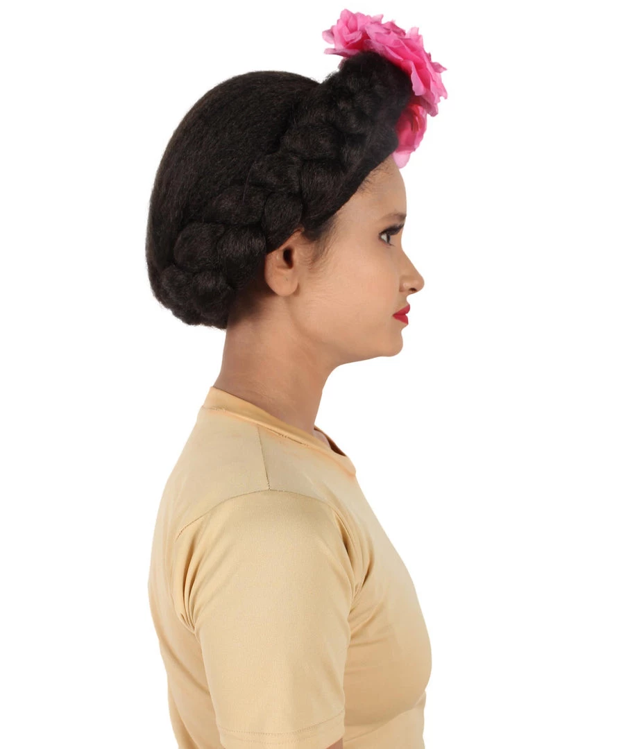 HPO Adult Women’s Mexican Artist Frida Black / Pink Floral Braided Wig
