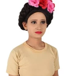 HPO Adult Women’s Mexican Artist Frida Black / Pink Floral Braided Wig