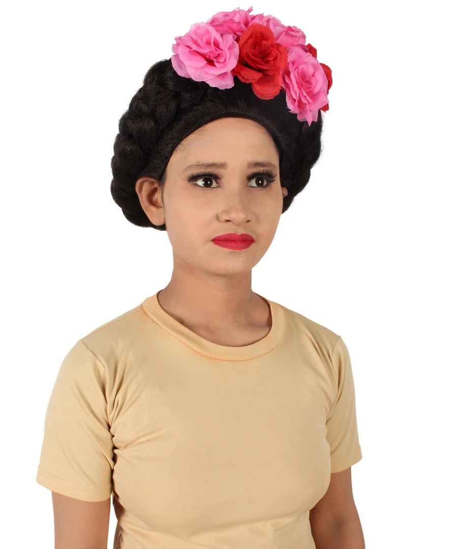 HPO Adult Women’s Mexican Artist Frida Black / Pink Floral Braided Wig