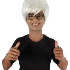 HPO Adult Men’s 50s Famous Unruly Pop Art Artist Messy White Wig With Glasses
