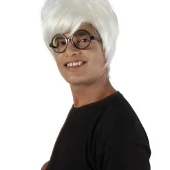 HPO Adult Men’s 50s Famous Unruly Pop Art Artist Messy White Wig With Glasses