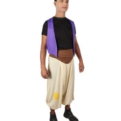 HPO Adult Men’s Arabian Night Street Rat Costume, Sleeveless Purple Vest, Cream Pants And Red Fez | Multiple Size Options