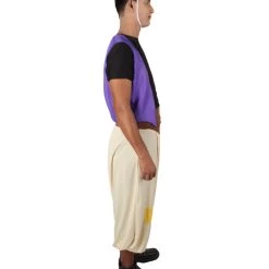 HPO Adult Men’s Arabian Night Street Rat Costume, Sleeveless Purple Vest, Cream Pants And Red Fez | Multiple Size Options