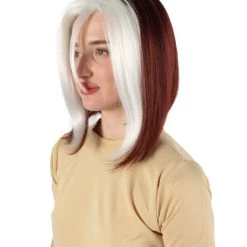 HPO Adult Women’s Short Mutant Egirl Superhero Burgundy Brown & White Strand Wig