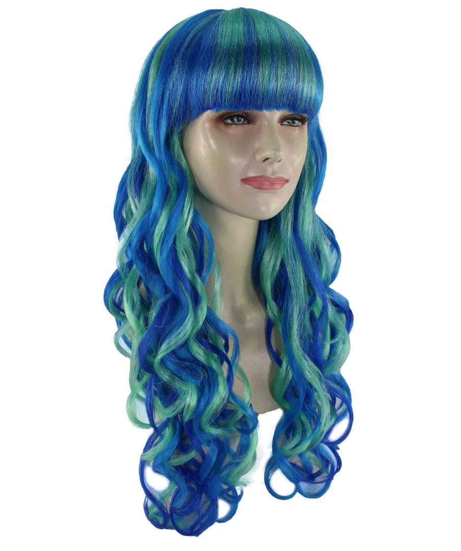 BC Women's Teal Blue Color Wavy Long Length Trendy Aquatic Beauty Wig