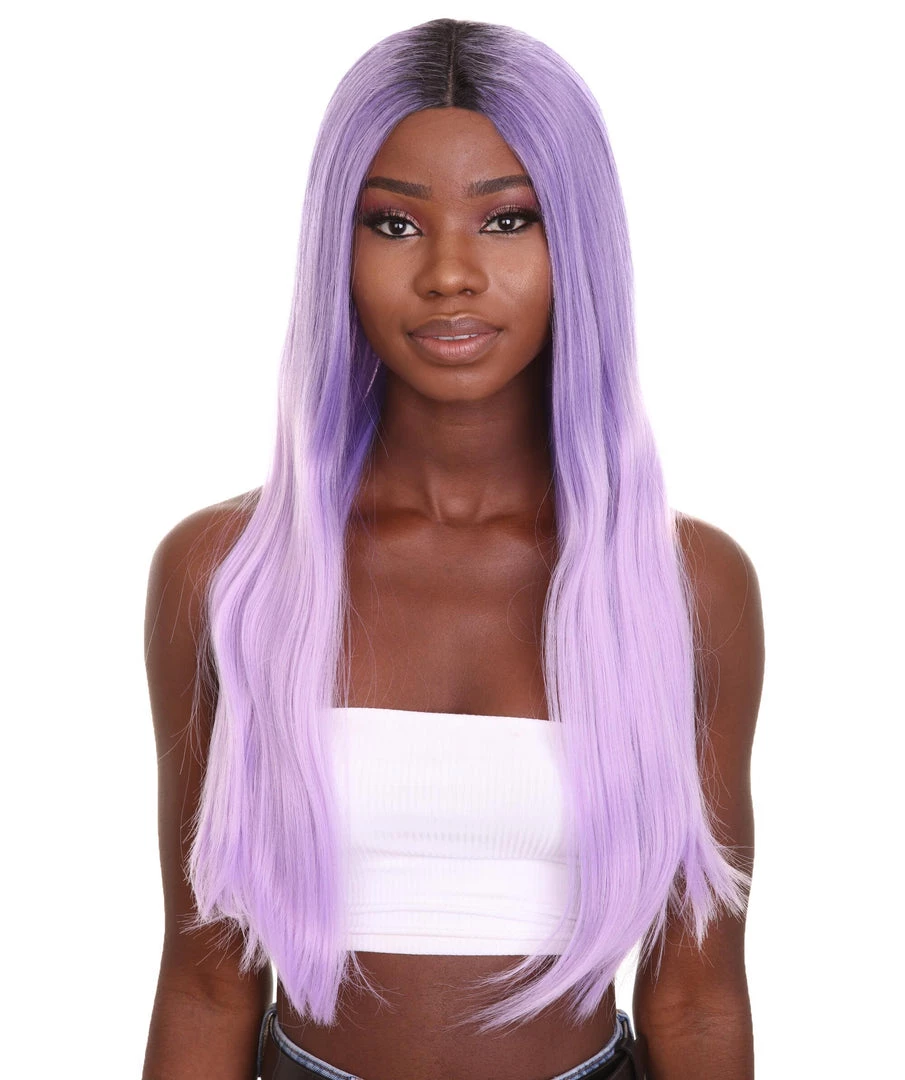 Nunique Adult Women's 23" In. Social Media Influencer Inspired Wig - Long Length Lilac Purple Hair With Dark Roots - Lace Front Heat Resistant Fibers | Nunique