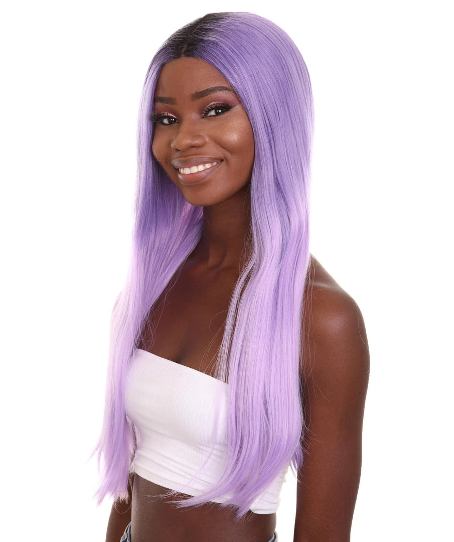 Nunique Adult Women's 23" In. Social Media Influencer Inspired Wig - Long Length Lilac Purple Hair With Dark Roots - Lace Front Heat Resistant Fibers | Nunique