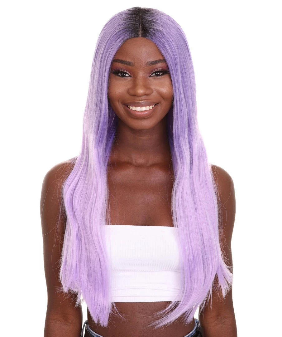 Nunique Adult Women's 23" In. Social Media Influencer Inspired Wig - Long Length Lilac Purple Hair With Dark Roots - Lace Front Heat Resistant Fibers | Nunique