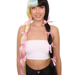 Women's Tricolor Pastel Pigtails With Dolly Pink Ribbons | Nunique
