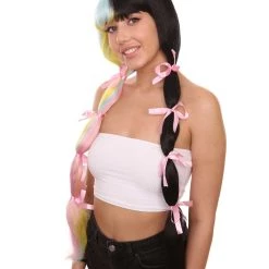 Women's Tricolor Pastel Pigtails With Dolly Pink Ribbons | Nunique
